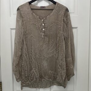 Scandal Dusty Brown Silk Blouse with Mother of Pearl Button Detail - Size Medium